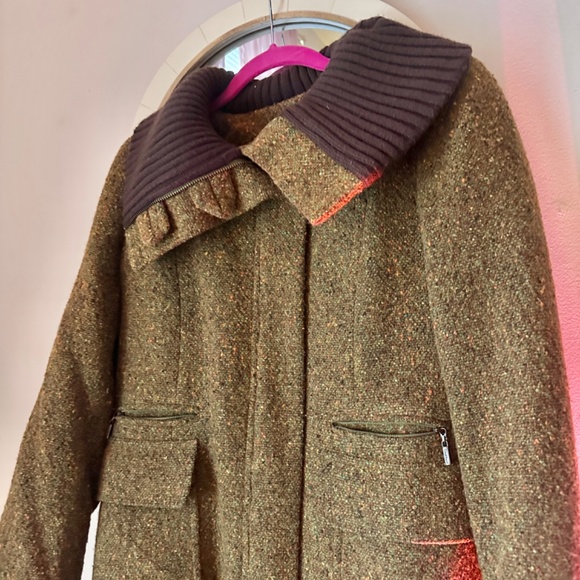 Cole Haan Brown Funnel Neck Shawl Collar Wool Blend Basket Weave Midi Coat 2 - Picture 2 of 10